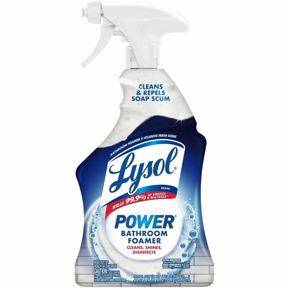 Keep your bathroom sparkling clean when you use Lysol Bathroom Cleaner. This cleaner works on sinks, chrome fixtures and more to remove soap scum, limescale and kill 99.9% of viruses and bacteria. The foaming action tackles tough spots with little to no scrubbing.  Reliable bathroom cleaner works on sinks, chrome fixtures and more to remove soap scum and limescale.  Powerful formula kills 99.9% of viruses and bacteria when used as directed.  Demonstrated effectiveness against viruses similar to Monkeypox on hard, nonporous surfaces. According to EPAs Viral Emerging Pathogen Policy, this cleaner be used against Monkeypox when used as directed.  Foaming action tackles tough areas with little to no scrubbing.  Fragrance leaves your bathroom smelling clean and fresh.  Spray bottle allows you to accurately apply cleaner directly where you want.  Handy 22 oz size.