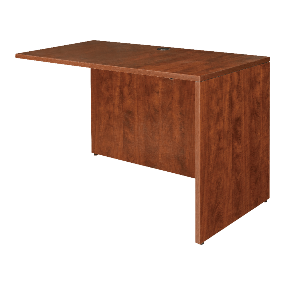 Lorell Essentials Series Reverse Return adds a contemporary touch to your office space.  Use with an Essentials Series Desk to create L-shaped configurations.  Can be configured for left-hand or right-hand placement which must be done at time of assembly.  Easy-to-install design offers fast, simple assembly.  1in thick top is durable to provide excellent support.  A full modesty panel and 2 grommet holes allow for cord routing and concealment.  Metal-to-metal cam-lock connections.  Adjustable floor guides for floor leveling and stability.  Eco-conscious choice - has one or more meaningful eco-attributes or eco-labels.  Assembly required.  Backed by the manufacturers 5-year limited warranty.  High-quality cherry laminate resists wear-and-tear to maintain a professional look.  GREENGUARD certified - certified for low chemical emissions: UL.COM/GG - UL 2818. Ranked in two tiers: Certified and Gold.  Tested to meet ANSI/BIFMA Performance Standards - Manufacturer testing has been conducted on this product to meet specific performance requirements and safety standards set forth by the American National Standards Institute (ANSI) and the Business and Institutional Furniture Manufacturers.  This product is heavy and/or oversized and may need more than one person to handle.  Less harsh chemicals - made with fewer harsh chemicals, or safer chemicals than typical alternatives, helping  reduce your use of and exposure to substances that may be more harmful to your health and the environment.