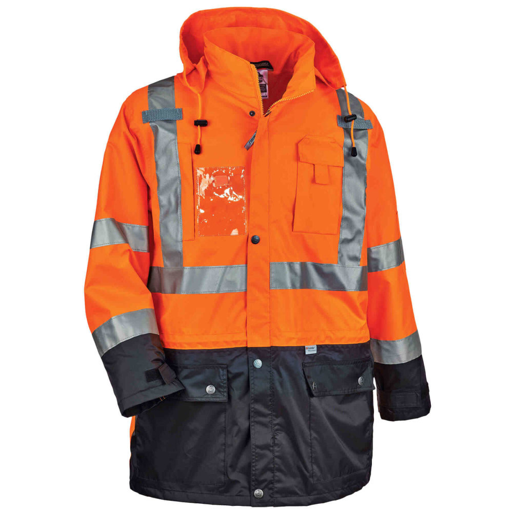 Make sure you are protected during the work day by wearing this Ergodyne GloWear Outer Shell Jacket. The Type R Class 3 Jacket offers a breathable PU coating and polyester mesh lining for comfort and features ANSI-compliant reflective details to keep you visible in low-light conditions.  Made of 300-denier oxford polyester with weatherproof properties  PU coating and a polyester mesh lining help offer breathability.  Dark panels help hide dirt and wear.  2 external front pockets with snap flaps, a cellphone pocket on the chest and an external zippered chest pocket for storage. Features dual mic tabs for radios and a clear ID badge holder.  Fits over the 8287 inner jacket to create a thermal 4-in-1 jacket (8287 inner jacket sold separately).  YKK #5 zippers for durability.  2in ANSI-compliant 3M Scotchlite reflective properties help you stay visible.  Inset hood with drawstrings and stoppers to protect against the elements.