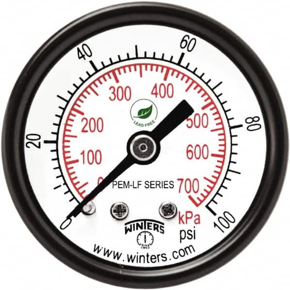 Winters PEM1420LF Pressure Gauge: 1-1/2" Dial, 1/8" Thread, NPT, Center Back Mount