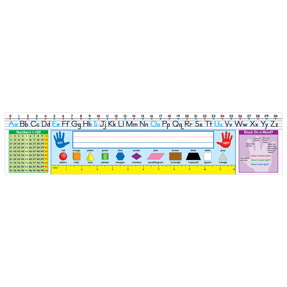 Self-adhesive and can be repositioned over and over again!  Easily place the nameplate on a students desk and remove it and reposition it when seats are changed, during tests and at the end of the year!  Each nameplate includes the alphabet, colors, shapes and more.