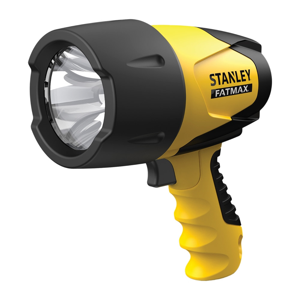 Reach for the Stanley FATMAX Waterproof 800-Lumen Rechargeable LED Spotlight if you need to see outdoors in dark conditions. The spotlight provides bright light and floats when dropped in water, helping you find it with ease.  5-watt LED bulb provides up to 800 lumens of light.  Offers high and low brightness settings for different needs.  Waterproof and submersible to 6ft. Floats face up when dropped in water to help you find it.  Rubber bezel and rubber pistol-grip handle allow durability and comfort.  Compact size makes it easy to bring with you.  Features a rechargeable Li-Ion battery for up to 10 hours of run time.  Comes with an AC adapter, a 12V DC adapter and a micro USB charging cable.  Backed by the manufacturers 1-year limited warranty.  Yellow for a bright look.