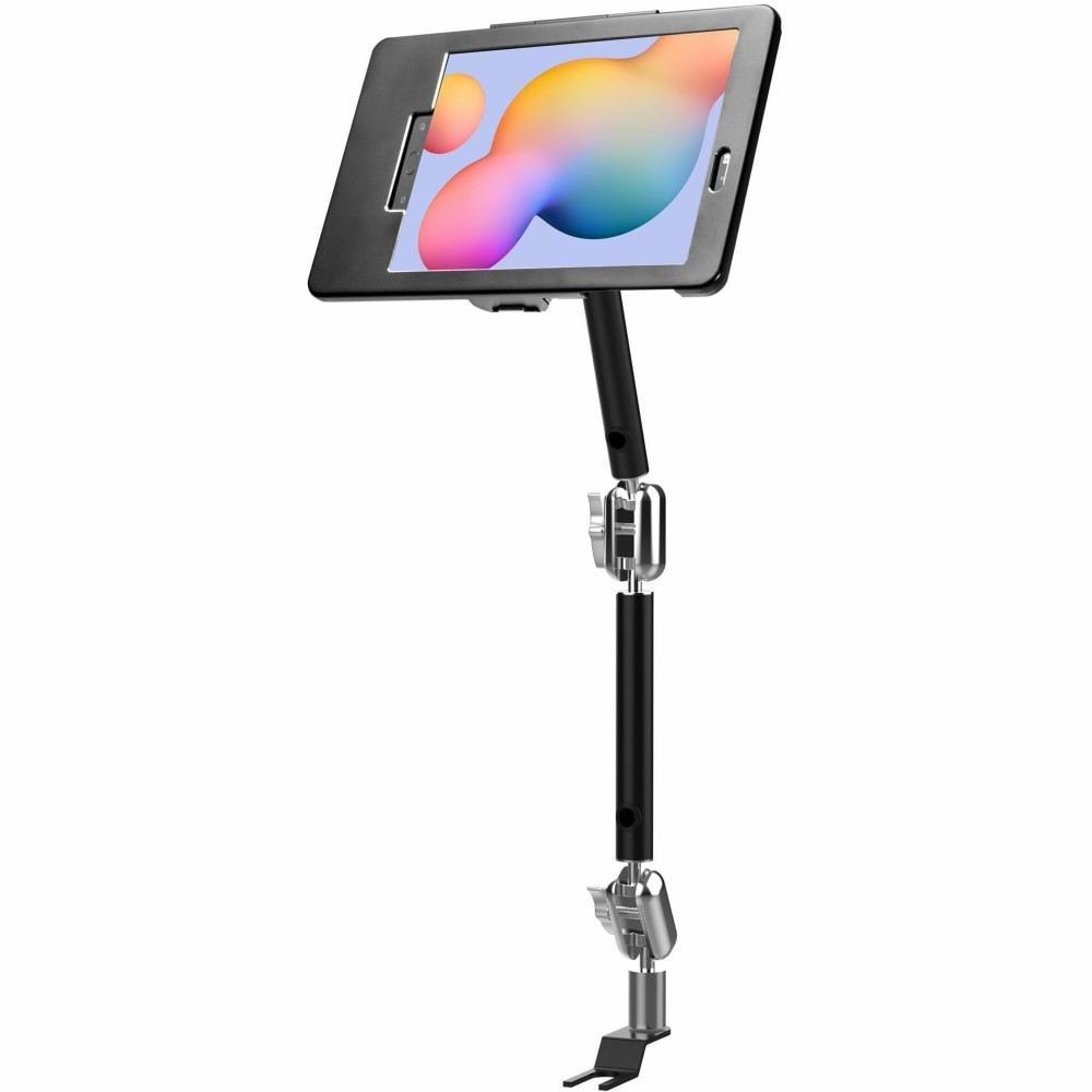 This flexible, multi-jointed tablet mount allows you to comfortably and safely display your Galaxy Tab in the front seat of your car. Designed for use with commercial and passenger vehicles alike, this drill-free car mount installs easily to your vehicle's seat rail using included mounting hardware and can be safely removed at any time. The arm features two tilting, rotating joints for custom positioning, plus folding clasps to lock them in place, preventing unwanted movement when in motion. The enclosure tilts and rotates 360 degrees for portrait and landscape orientations, protecting your tablet from theft with a powerful lock and key security system, and allowing full access to your tablet's ports, buttons, and front camera. The case and arm mount are also equipped with an interior cable management system to permit neat tablet charging while in use.