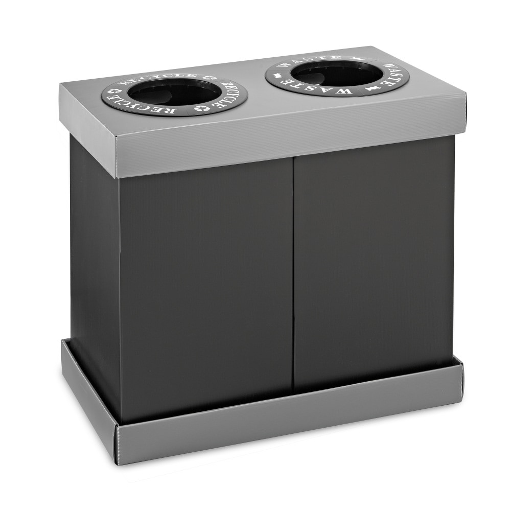 Provide guests with a spot to dispose of both waste and recyclables (where facilities exist) with the Alpine 2-Compartment Indoor Trash Bin. Each bin is comprised of 2 separate units that can be labeled as you see fit.  Made from durable plastic.  Unit is comprised of 2 separate bins for different types of waste.  Each bin has a maximum 28-gallon capacity for less frequenty emptying.  Labels are provided for glass, plastic, paper, recyclable where facilities exists, cans and waste.  Simple assembly required.  Backed by the manufacturers 30-day limited warranty.