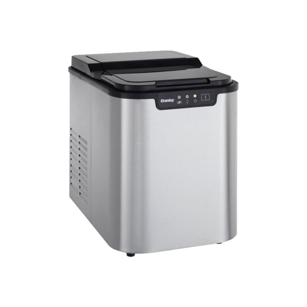 Prepare frosty beverages with this Danby ice maker. The 25- Lbs daily production capacity is ideal for use in a wet bar or office break room, and the self-cleaning feature offers hassle-free maintenance. An included scoop lets you quickly fill your cup, while the alarm lets you know when the bucket is full. Promptly change settings using the electronic controls and LED screen on this Danby ice maker.  Makes up to 25 pounds of ice daily.  Push-button controls for power and self-cleaning function.  Removable tray for convenient access.  2-pound capacity.  Stainless steel finish for modern appeal.  Energy efficient - designed to use less energy than alternative products, potentially helping you save money and reduce your carbon footprint.
