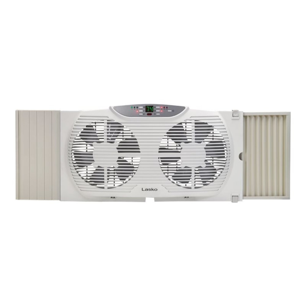 This fully-equipped twin window fan from Lasko features 9? electrically reversible fans with independently controlled motors. Operate fans with 2 on intake, 2 on exhaust, or one on each setting. Fits most windows. Digital display, thermostat, timer and remote control.