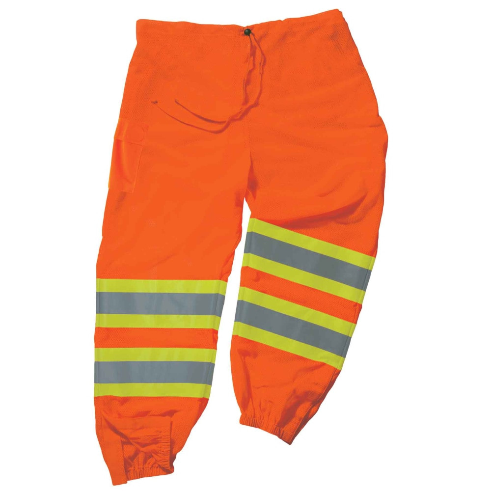 Pull on these pants and make sure you are prepared for the workday. The cool polyester mesh helps you stay comfortable throughout your shift, and the reflective materials are ANSI compliant to keep you safe.  Polyester mesh helps keep you cool and comfortable.  Right leg cargo pocket provides space to store a phone, keys or tools.  Drawstring at the waist helps adjust to your size. Wide leg openings with hook-and-loop closures to allow easy on and off.  2in ANSI-compliant reflectivity and contrasting backgrounds to help keep you visible.  Machine wash.