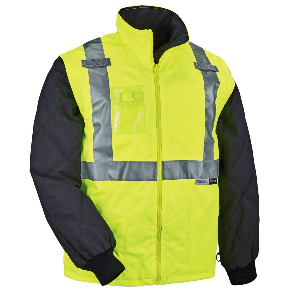 Put on the Ergodyne GloWear High-Visibility Thermal Jacket to stay warm and protected on the job. The Type R Class 2 jacket offers wind and water resistance and sports ANSI-compliant reflective elements for nighttime work.  Made with a 300-denier oxford polyester outer shell and a PU coating to resist wind and water.  100 grams of 3M Thinsulate insulation in the body and 80 grams of 3M Thinsulate insulation in the sleeves to keep you warm.  2 external front pockets, a clear ID badge holder and 2 mic tabs for separate storage options.  Can be worn as a jacket or as a vest when you remove the sleeves. Also can be paired with the 8386 outer shell (sold separately) to create a winter parka.  YKK #5 zippers help prevent snags.  2in ANSI-compliant 3M Scotchlite reflective elements allow you to be seen at night.  Machine washable.