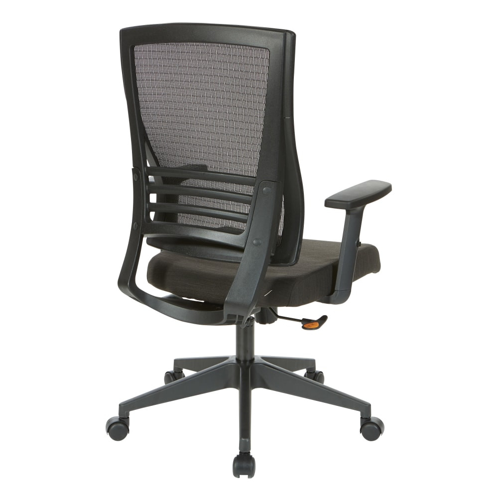 Look and feel in charge with an Office Star WorkSmart Mesh-Back Manager Chair. Sink into the padded linen seat and stay supported all day with lumbar technology and a waterfall seat, designed to reduce stress on your legs and lower back. Adjustable armrests and height adjustments help you find the perfect position for all of your daily tasks.  Overall Dimensions: 44inH x 28inW x 25inD.  Weight capacity tested to support 250 lb.  Chrome base.  Lumbar support.  Waterfall seat.  Polyester mesh back.  Padded linen seat.  Pneumatic 1-touch height adjustments.  Adjustable armrests.  Rolling wheels.  Some assembly required.  Classic black finish.
