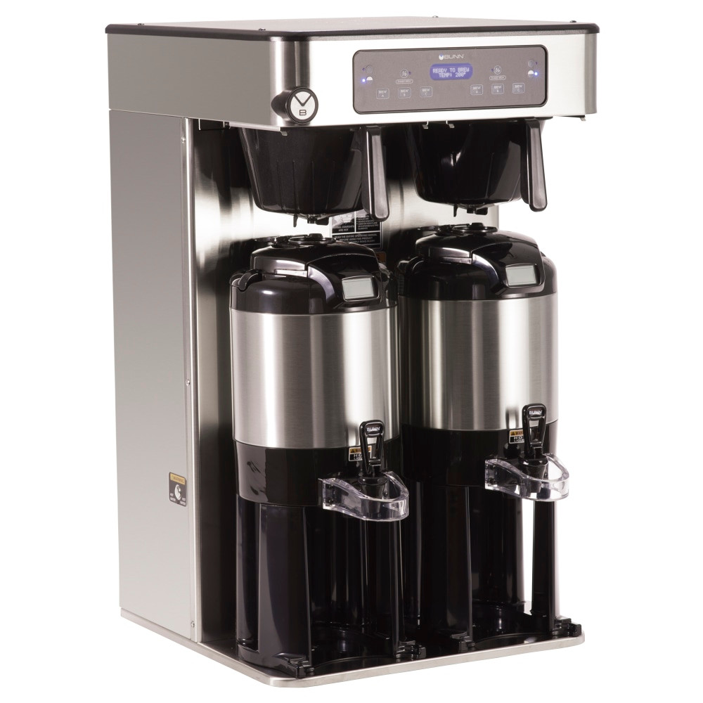 Offer guests a rich, flavorful cup of java with this programmable coffee brewer. The Peak Extraction Sprayhead utilizes a multidirectional design for uniform extraction and delicious flavor.  Coffee Servers not included, must be purchased separately.  Brews up to 30 cups of coffee, so its easy to serve a large group.  BUNN Infusion Series technology offers multiple brewing options in a single, easy-to-use design.  Peak Extraction Sprayhead offers a multidirectional design with 17 holes for highly uniform extraction and reduced lime buildup.  3 brew buttons make it easy to select a desired brew recipe.  Digital readout simplifies programming and operation and displays machine status and custom advertising messages. Supports English, Spanish and French language display and standard and metric measurements.  Energy-saver mode limits tank temperature when not in use to conserve power.  Electronic funnel lock guards against removal of each brew funnel until drip-through is complete.  Supports USB programming for versatile use.  Brew counter allows you to see how many batches have been brewed.  Pre-infusion and pulse brew options promote maximum flavor extraction. Cold brew lockout and digital temperature control deliver high-quality coffee with every batch brewed.  Professional installation required  includes a hot water faucet for custom installation.  Sleek, contemporary design features rounded angles on the corners and trunk for a stylish look.  Backed by the manufacturers 2-year limited warranty for parts and 1-year limited warranty for labor.  Dual brewer with a tall profile accommodates your needs.