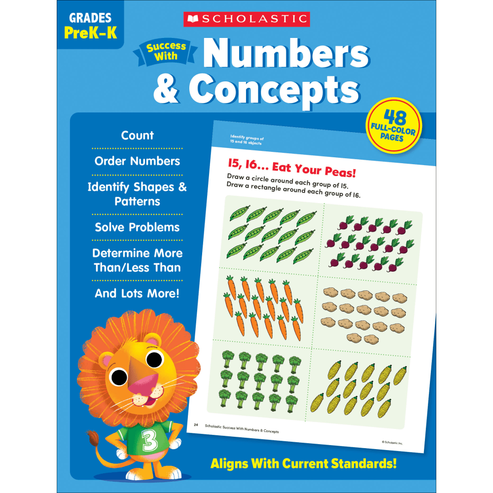 Help students learn important math concepts with a Scholastic Success With Numbers & Concepts workbook. Fun activities like mazes, hidden pictures, and more keep students engaged.  Incorporates key learning skills.  Provides targeted, motivating practice.  Includes more than 40 ready-to-reproduce pages.  Ideal for classroom or at-home use.