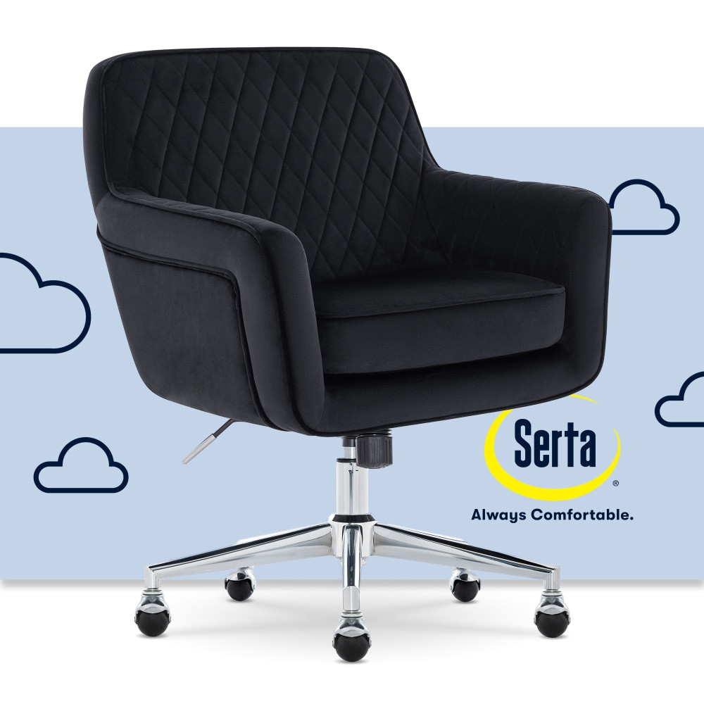 Channel your inner fashion icon with the Serta Ashleigh chair. This stylish mid-back office chair boasts a fancy diamond-tufted design and polished base, adding a touch of modern glam to your home office. Its a great upgrade for the style-savvy professional. Inspired by mid-century modern aesthetics, the Ashleigh office armchair features clean lines, a mid-back silhouette and luxuriously soft velvet fabric. The chairs piped edge tailoring and swivel base exude timeless elegance. Beyond its undeniable style, the Ashleigh offers medium-level comfort with a well-cushioned mid-back and pocket coil seat. Its layered with high-density foam to keep things comfortable and offer support for casual work sessions. The low-profile arms slide easily under most desks for ergonomic positioning and convenient storage.  Stylish Mid-Century inspired design.  Plush velvet fabric upholstery with diamond stitching.  Pillow-soft foam seat cushion.  Easy-touch height adjustment lever.  Tilt lockout with adjustable tilt tension for refined recline.  Office chair with wrapped armrests for comforting support.  Lightweight, sturdy metal base.  Dynamic 360 deg. swivel ball casters glide across most carpet types.  Casters are intended for use on carpet and are not recommended for use on tile or hardwood floors.  Overall Dimensions: 37-1/4inH x 26-1/2inW x 26-3/4inD.  Weight capacity tested to support 275 lb.  Assembly required. Tools included.  Backed by the manufacturer"s 1-year limited warranty.  Tested to meet ANSI/BIFMA Performance Standards - Manufacturer testing has been conducted on this product to meet specific performance requirements and safety standards set forth by the American National Standards Institute (ANSI) and the Business and Institutional Furniture Manufacturers.