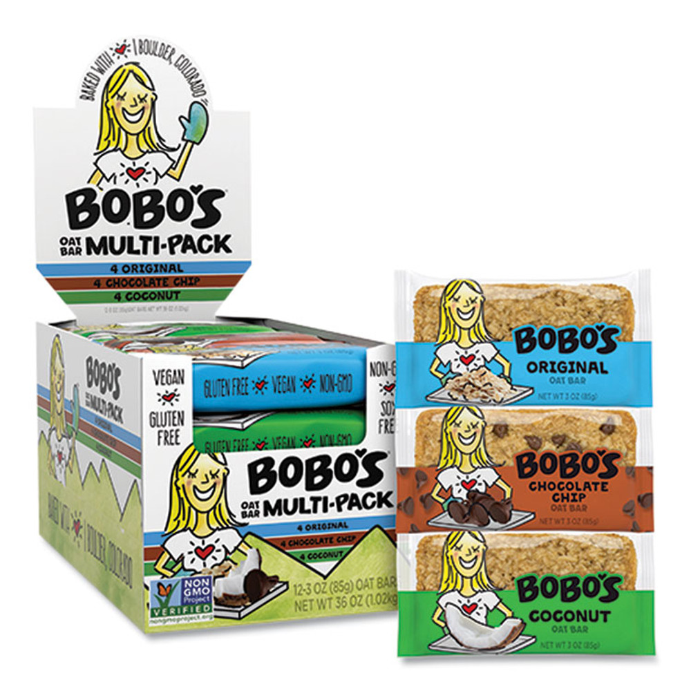 BOBO'S 00098 Oat Bar Coconut/Chocolate Chip/Original Multipack, 3 oz Individually Wrapped, 12/Box
