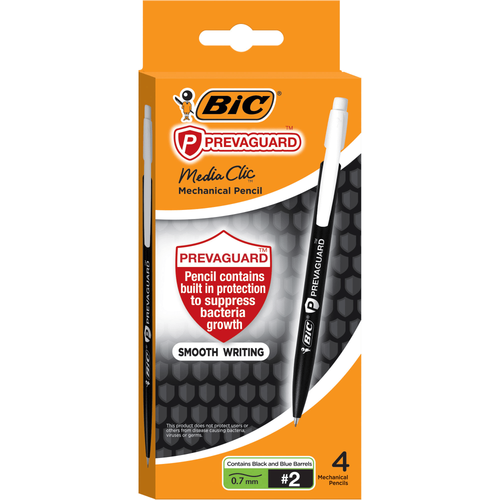 PrevaGuard Mechanical Pencil contains built-in protection on the pencil to suppress bacteria growth. EPA-registered antimicrobial agent is molded directly into the pencil. This helps protect the pencil by suppressing the growth of bacteria, molds, mildew and fungi, especially in high-moisture environments. Lasting for the life of the plastic barrel, it also enhances pencils freshness, fights undesired odors, staining and pencil degradation. Smooth-writing lead is perfect for notes, homework, standardized tests and your daily crossword puzzle.  Incorporated with PrevaGuard for a fresher pencil, fighting undesired odors and stains  Antimicrobial agent suppresses growth of bacteria, algae, fungus and mildew  Smooth-writing lead perfect for everyday use: notes, crossword puzzle, homework, standardized tests  Easy-to-use for quick lead advancement  Antimicrobial is an agent that kills microorganisms or stops their growth.  Refillable - designed to be used repeatedly, helping you avoid single-use disposables and potentially save money.