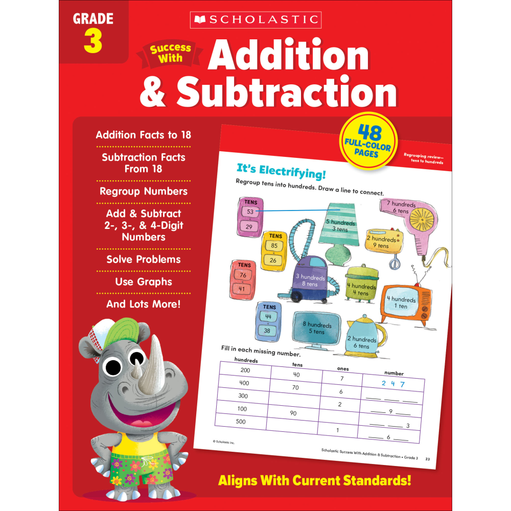 Help your young learner thrive in the classroom with the Scholastic Success With Addition & Subtraction Workbook. This workbook provides plenty of exciting and colorful activities to help students learn.  Helps teach and reinforce important math concepts, including addition, subtraction, problem solving, using graphs and more.  Targeted practice materials help inspire student success.  Contains 48 full-color, ready-to-reproduce pages with engaging activities.