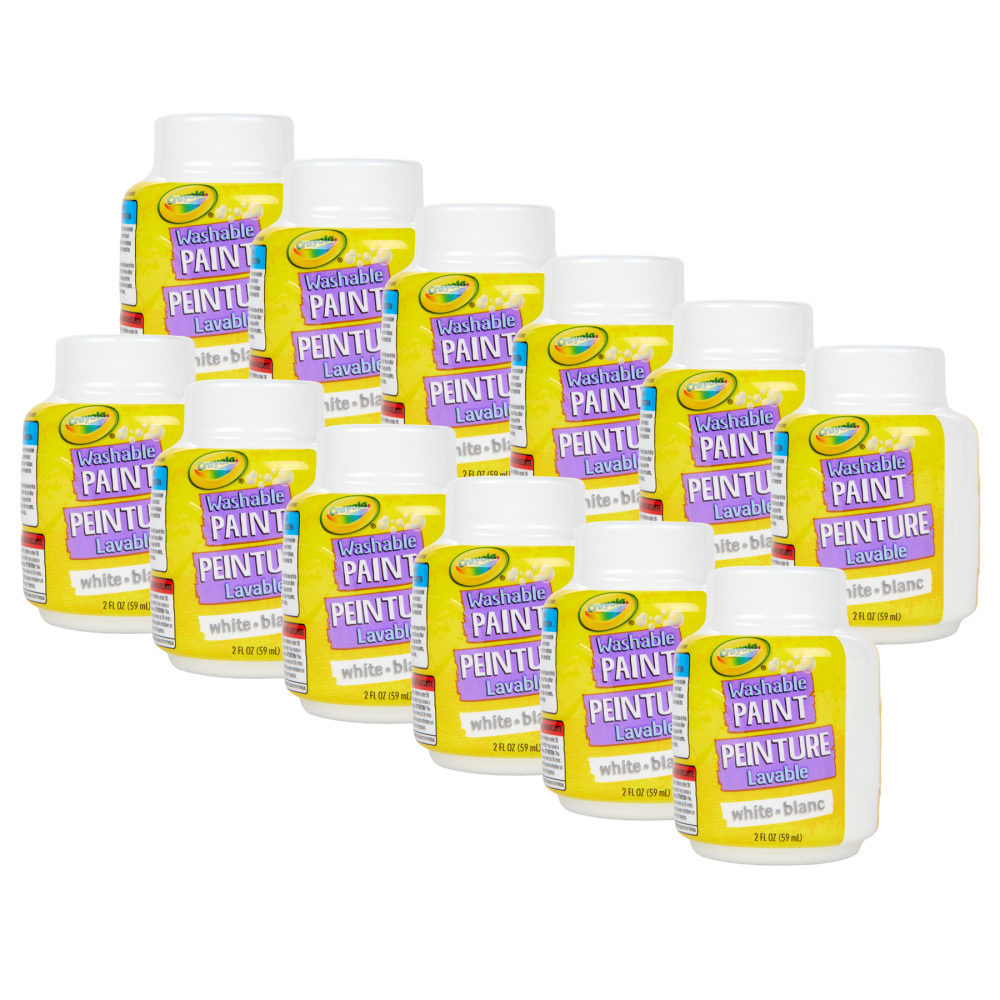 Encourage kids to be creative while keeping them occupied with Crayola Washable Paint. These paint pots easily wash from skin and washable clothing for a simple cleanup.  Transform crafts into pieces of art using the washable paints.  Paints will easily wash from skin and washable clothing.  To keep paints fresh, use the resealable pot when finished for the day.  Safe for use with children ages 3 and up.  Includes 12 white paint pots.  ACMI Certified AP Nontoxic. For detailed information see www.acmiart.org.  Less harsh chemicals - made with fewer harsh chemicals, or safer chemicals than typical alternatives, helping  reduce your use of and exposure to substances that may be more harmful to your health and the environment.