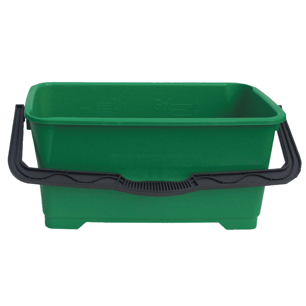 Heavy-duty 6-gallon bucket offers a large footprint for increased stability  Easily fits 18in washers.  Rounded pour spouts on 2 corners make it easy to empty with more control.  Ergonomically designed handle for comfort is stiffer and more stable for balance when carrying.