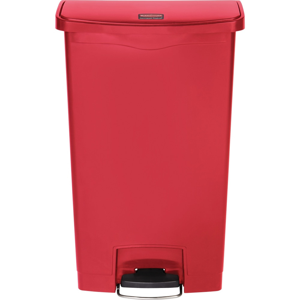 With a sleek, low-profile design, this wastebasket is a perfect addition to areas with limited space. The sturdy plastic material is made to withstand constant use.  Made of tough plastic to endure daily use.  Low-profile design accommodates areas with limited space.  Fire-resistant construction offers increased peace of mind.  18-gallon capacity means less-frequent emptying.  Step-on design eliminates the need to touch the lid.