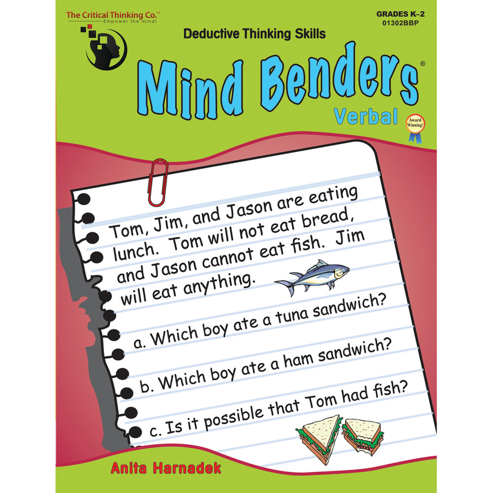 Help students work on logic and memory skills as they solve fun puzzles with The Critical Thinking Co. Mind Benders Verbal Workbook. With 48 pages of deductive reasoning puzzles, students can figure out connection between various clues and scenarios to solve the puzzle.  Designed to help students work on their logic, listening, mental organization and memory skills.  Includes 48 pages of deductive reasoning puzzles.  Puzzles are read out loud to students so they can identify logical associations between people, places and things.  Step-by-step instructions and detailed answers are included.  Designed to students in grades K through 2.