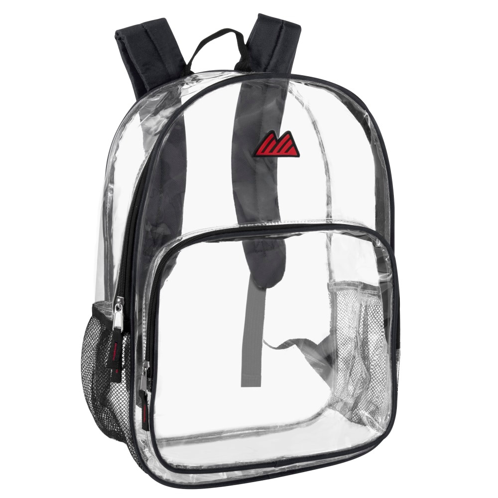 Prepare for a concert or event when carrying the Summit Ridge Heavy-Duty Clear Backpack. This clear backpack is made from PVC for durability and water-resistance and has adjustable and padded back straps for comfort. The large capacity main compartment and pockets provide plenty of storage.  Made from clear PVC for lightweight durability and water resistance.  Sturdy bottom and finished seams provide added durability.  Adjustable and padded back straps offer comfort.  Easy hang handle.  Easy grip double zippers.  Elastic stretches to fit the items you need most.  Large capacity main compartment provides plenty of storage.  Front zippered accessory pocket keeps small item secures.  Boasts 2 side mesh pockets for bottles or umbrellas.