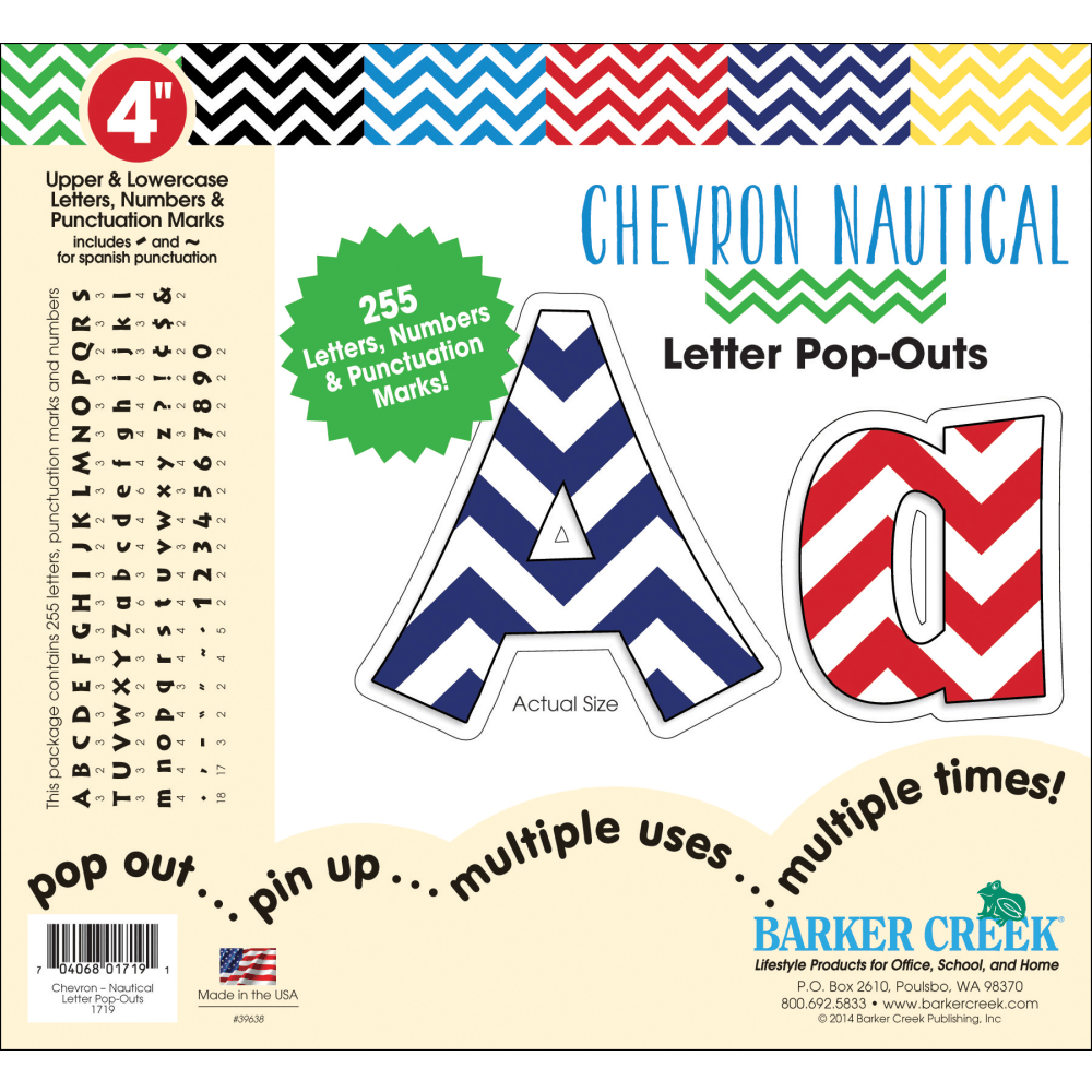 Barker Creek Letter Pop-Outs add a splash of color and creativity to the classroom. They are perfect for decorating bulletin boards, displays and posters.  Includes a well-researched assortment of letters, numbers and punctuation marks. Also includes Spanish punctuation marks.  Recommended for students of all ages.