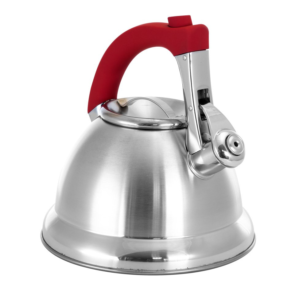 Keep a warm cup of tea ready when guests arrive with help from the Mr. Coffee 2.4-Quart Tea Kettle. A whistling spout alerts you when the water has boiled, and the durable metal construction offers long-lasting use.  Stainless steel construction.  Stove top safe.  Stay cool handle.  Whistling spout.  Hand wash only.  Backed by the manufacturer's 1-year limited warranty.  Flip-up spout.