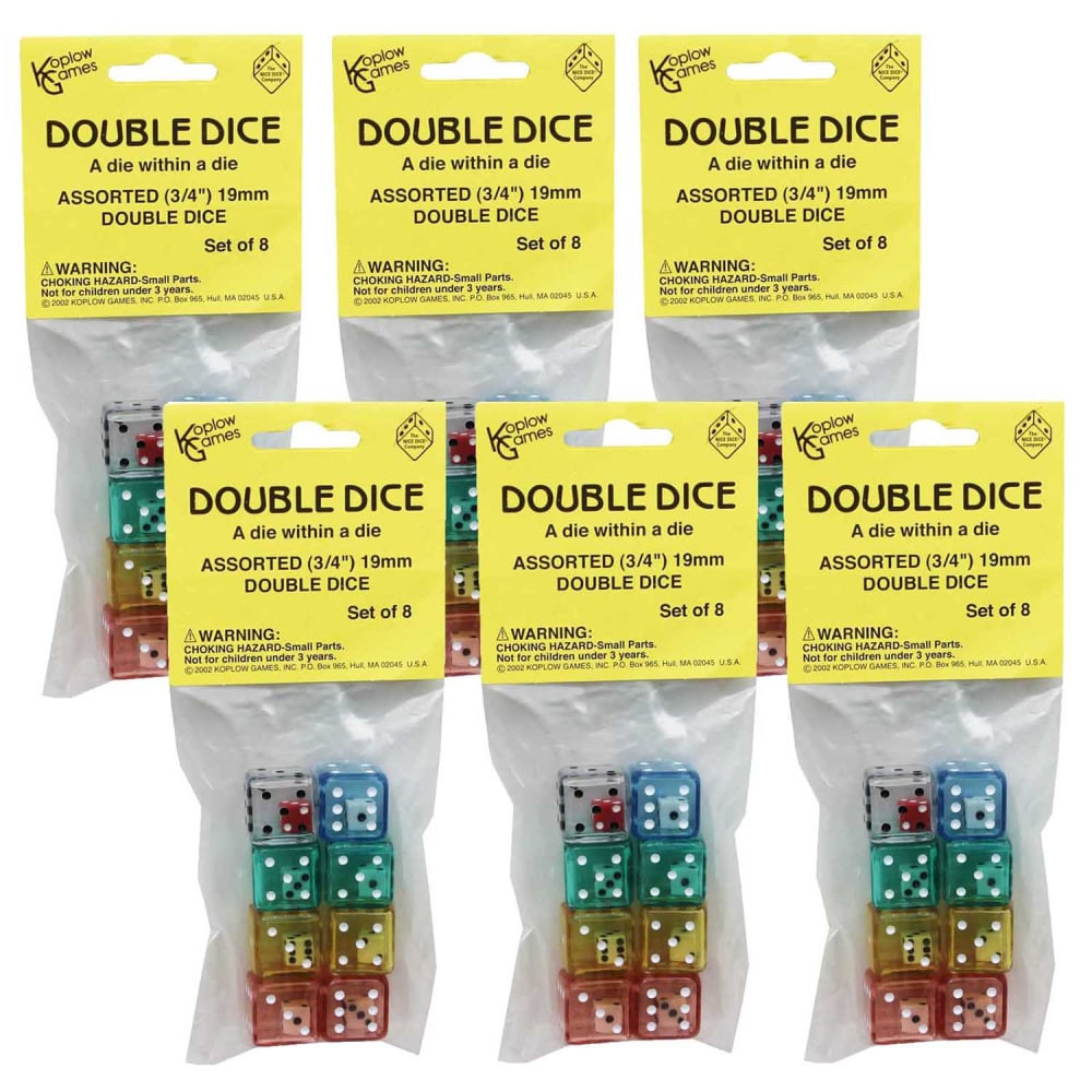 Play math games and make everyday activities more challenging with the Koplow Games Double Dice Set. Each die has another smaller die inside of it for twice the fun.  Used to teach addition, subtraction, multiplication and division.  Can also be used to enhance games and activities.  Made of plastic.  Each set includes 8 dice.  Pack includes 6 sets (48 double dice total).
