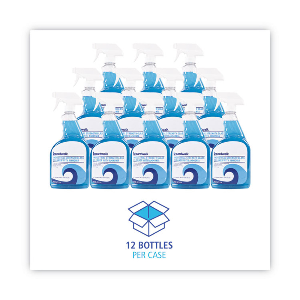 BOARDWALK 47112A Industrial Strength Glass Cleaner with Ammonia, Unscented, 32 oz Trigger Spray Bottle, 12/Carton