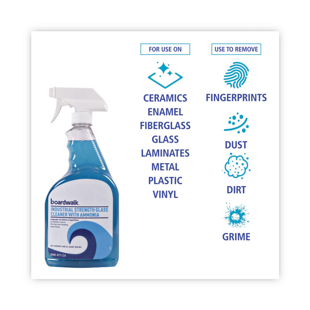 BOARDWALK 47112A Industrial Strength Glass Cleaner with Ammonia, Unscented, 32 oz Trigger Spray Bottle, 12/Carton