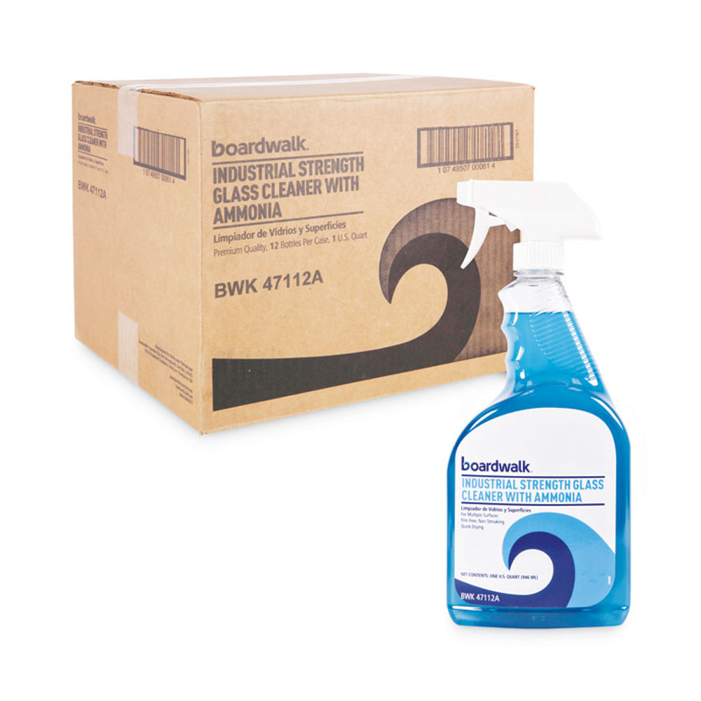 BOARDWALK 47112A Industrial Strength Glass Cleaner with Ammonia, Unscented, 32 oz Trigger Spray Bottle, 12/Carton