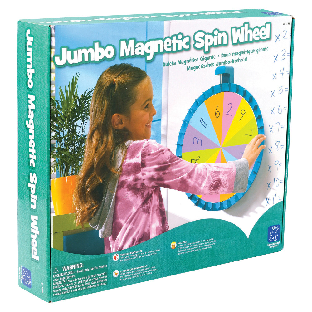 Large spinning wheel lets you create fun games for the classroom  Transform your whiteboard into an interactive, whole-class game space!  Simply place the spinner on your whiteboard and use your dry-erase markers to create games and activities you need-the possibilities are limitless.  From a classroom management tool to subject-specific games, the Jumbo Magnetic Spinner gets kids on their feet and participating.  Includes jumbo 16in magnetic wheel, 3 double-sided write-on/wipe-off cards, teacher guide with 16 classroom management, math, language arts, readiness, and other activity suggestions.  Remote learning from anywhere is easier with the right essentials.
