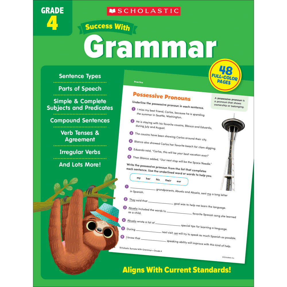 Help your children learn important concepts in grammar with the Scholastic Success With Grammar Workbook. This workbook helps teach and reinforce key grammar skills in an engaging way.  Helps reinforce a variety of grammar concepts, including simple and complete subjects and predicates, compound sentences, verb tenses and agreement and more.  Offers a targeted design to help students enhance their grammar skills.  Contains 48 ready-to-reproduce pages.