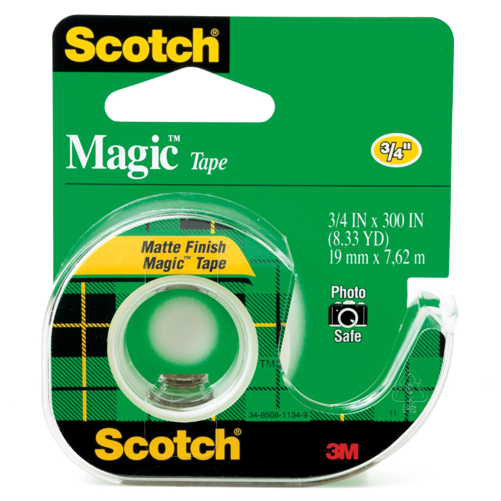 Scotch Magic clear tape works as hard as you do to fix all the little imperfections at home, school and the office. The Scotch Brand 3/4in x 600in tape works like magic and utilizes unique 3M adhesive technology to bond tightly with paper and disappear without a trace.  The original matte finish, Scotch Magic Invisible Tape is the preferred tape for offices, homes and schools.  Ideal for permanent paper mending and mounting, sealing envelopes, and gift wrapping presents.  Provides a strong, secure, permanent seal using trusted 3M adhesive technology.  Write on it with pen, pencil or marker.  Clear tape that is frosty on the roll, but invisible when applied and won't show on copies.  Dispenser included.  tape refills in the convenient dispenser are easy to use, store away conveniently, and are always ready.  Tape pulls off the roll smoothly and cuts easily.  Stands up to faxes, scanners and copiers.  Tape is photo-safe (determined in accordance with ISO Standard 18916).  Tape contains 37% bio-based content (derived from cellulose) by weight  Plant-based content - made using tree-free agricultural products or by-products, helping you support innovative use of plants while reducing use of forests or other resources.