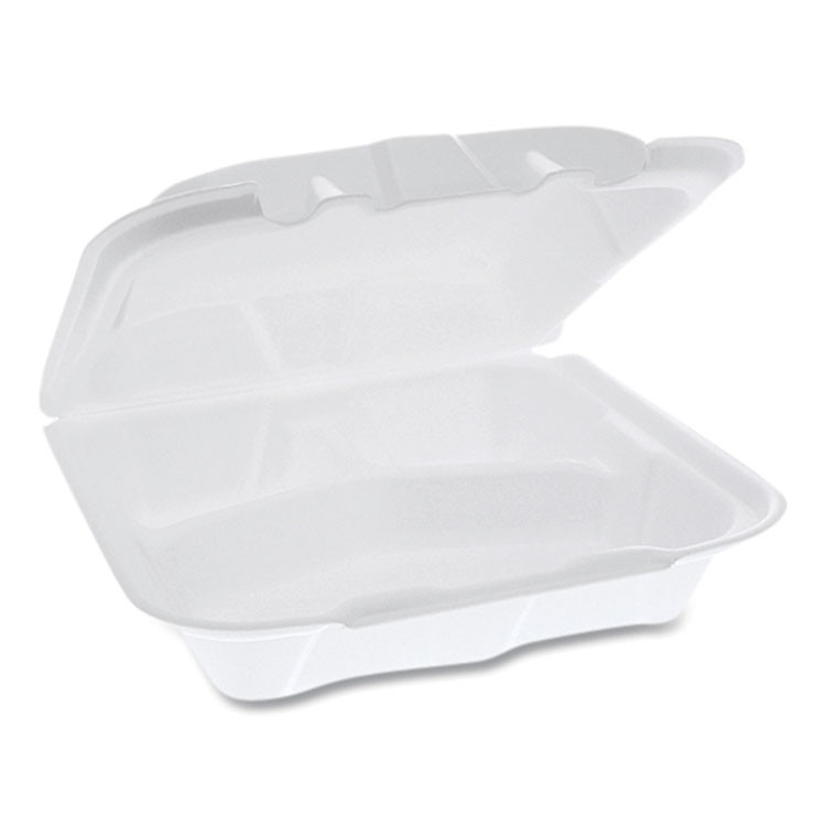 PACTIV EVERGREEN CORPORATION YTD188030000 Vented Foam Hinged Lid Container, Dual Tab Lock, 3 Compartments, 8.4 x 8 x 3, White, 150/Carton