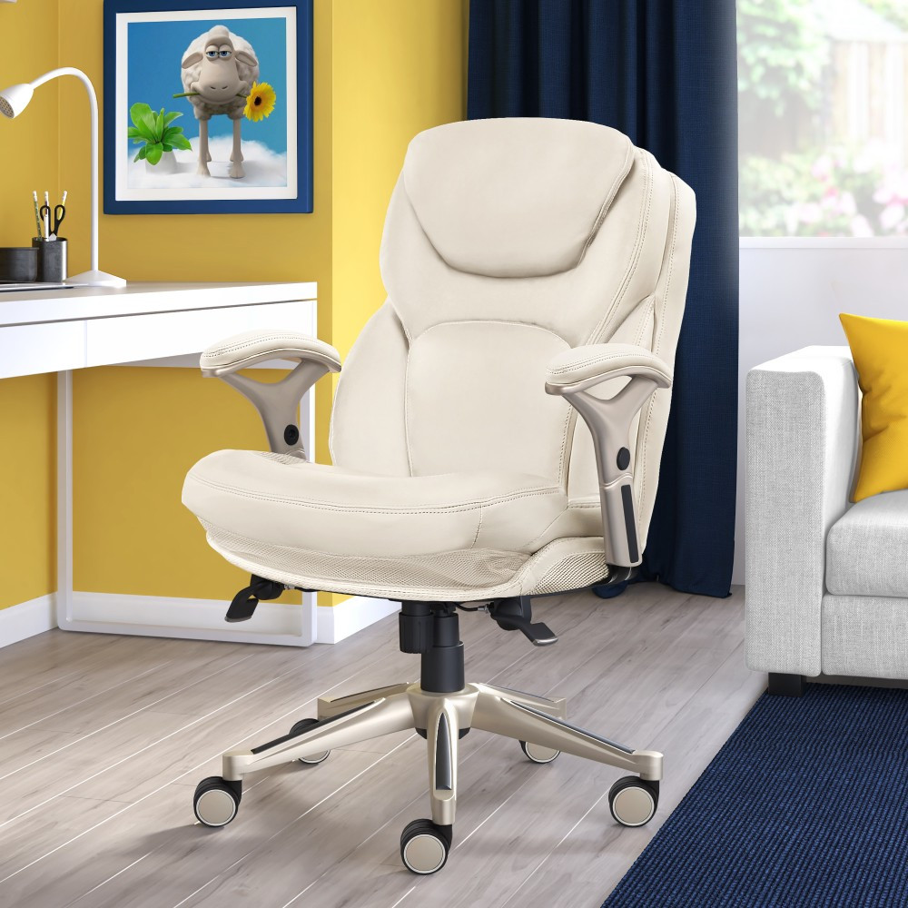 Designed to help you stay comfortable and supported as you work, this chair features lumbar support and deep cushions. Back in Motion technology helps keep your back in a neutral position during long periods of sitting.  Overall Dimensions: 40 1/4inH x 27inW x 30inD.  Weight capacity tested to support 250 lb.  Deep, layered cushions surround you in comfort.  Lumbar feature supports your lower back and enhances the natural curve of your spine.  Waterfall seat cushion slopes slightly downward to help reduce stress on your legs.  Ergonomic back panel features Back in Motion technology, which pivots the lower back forward to keep your back in a positive neutral position.  Height adjusts up and down to suit your needs.  Tilt adjusts to help you find the best sitting angle.  Metal and plywood frame features wheels to help you move the chair around the office.  Swivels to let you look in different directions.  Assembly required.  Tested to meet ANSI/BIFMA Performance Standards - Manufacturer testing has been conducted on this product to meet specific performance requirements and safety standards set forth by the American National Standards Institute (ANSI) and the Business and Institutional Furniture Manufacturers.