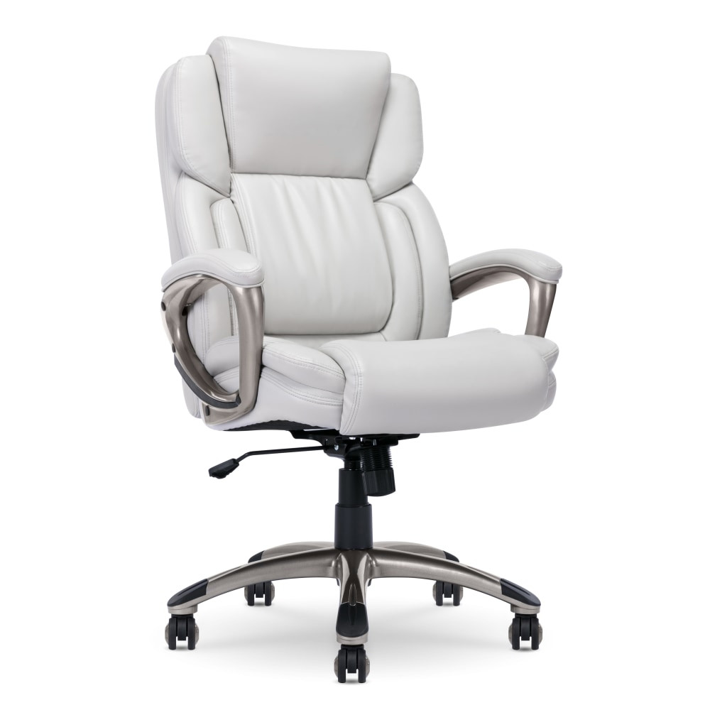 Bring relaxation to your busy workday with the Serta Executive Office Chair. Serta kept comfort in mind while designing this desk chair with luxurious layered body pillows, a contoured lumbar zone and padded armrests for all day ease and exceptional support during long periods of sitting.  Ergo layered body pillows and contoured lumbar section for comfort.  Layered body pillows and padded armrests.  Waterfall seat edge lessens pressure on the back of the legs and increases circulation to help reduce fatigue.  Smooth bonded leather with contrast stitching.  Fully adjustable with pneumatic seat-height lift, recline mechanism and tilt-tension knob.  Heavy-duty base and rolling chair casters offer smooth mobility.  Contoured lumbar zone provides customized lower back support to alleviate discomfort.  Elevated and padded headrest offers comfort and improves neck support.  Upholstered in white bonded leather.  Tested to meet ANSI/BIFMA Performance Standards - Manufacturer testing has been conducted on this product to meet specific performance requirements and safety standards set forth by the American National Standards Institute (ANSI) and the Business and Institutional Furniture Manufacturers.