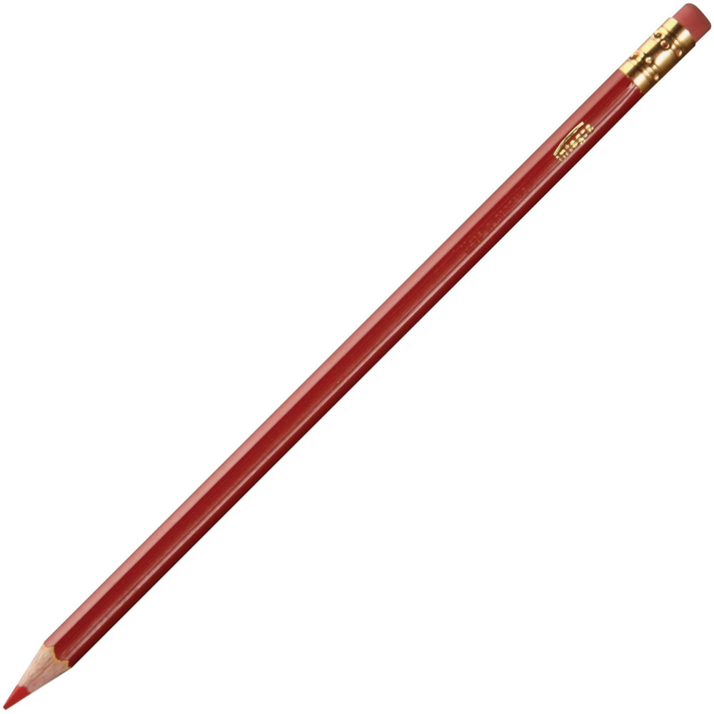 Designed with teachers in mind, these eraser topped red grading pencils make marking schoolwork simple.  With a no.2 red colored lead, Integras grading pencils make a strong, bright mark on the page.  Hand fatigue is reduced thanks to a comfortable hexagonal barrel grip.  High-quality eraser topper corrects mistakes without smudging.  Pack of 12 pencils.