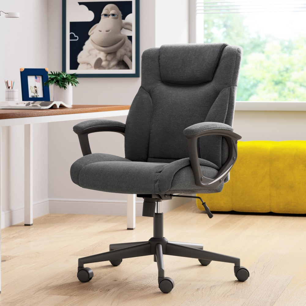 An attractive office chair can act as an eye-catching accent to your offices decor. The stylish upholstery and eye-catching base of this high-back chair combine to form an elegant look that suits just about any office area.  Overall Dimensions: 46 1/2inH x 25 1/2inW x 20inD.  Weight capacity tested to support 250 lb.  Soft, comfortable cushions offer a plush feel as you sit and work.  Lumbar feature supports your lower back and enhances the natural curve of your spine.  Waterfall seat cushion slopes slightly downward to help reduce stress on your legs.  Pneumatic height adjustment allows you to find just the right sitting position.  Adjustable tilt tension knob and recline lock-out functions let you sit back and relax.  Armrests are padded for added support and comfort.  Silver 5-star base includes dual-wheel, multisurface casters for easy movement from area to area.  Assembly required.  Microfiber upholstery has a soft, touchable feel.  Tested to meet ANSI/BIFMA Performance Standards - Manufacturer testing has been conducted on this product to meet specific performance requirements and safety standards set forth by the American National Standards Institute (ANSI) and the Business and Institutional Furniture Manufacturers.