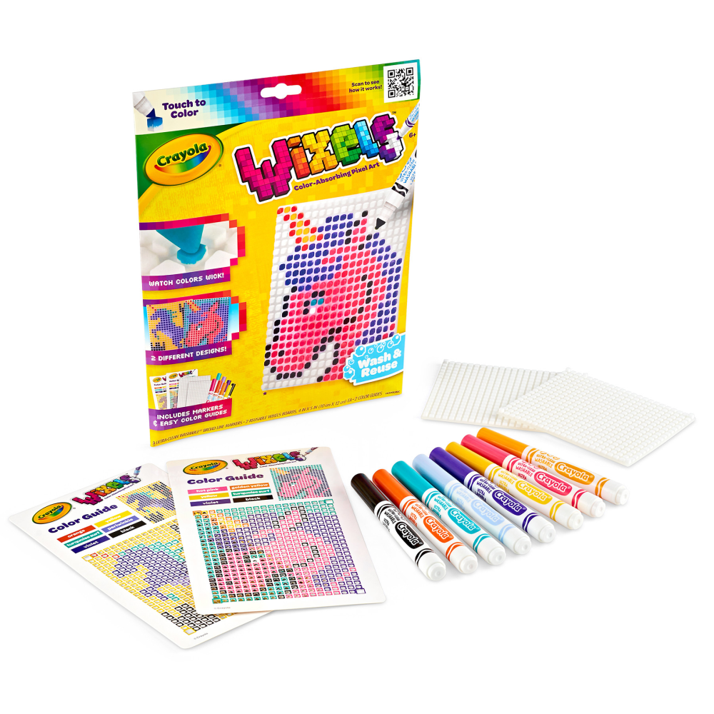 Discover a unique way to create with the Crayola Wixels Activity Kit. This kit uses capillary action to wick ink into the panel, helping teach focus, patience and precision to young creatives.  Capillary action allows ink to wick into the panel.  Helps teach focus, patience and precision.  Suitable for kids ages 6 and up.  Includes 2 Wixel Panels, 2 color maps and 8 washable markers.
