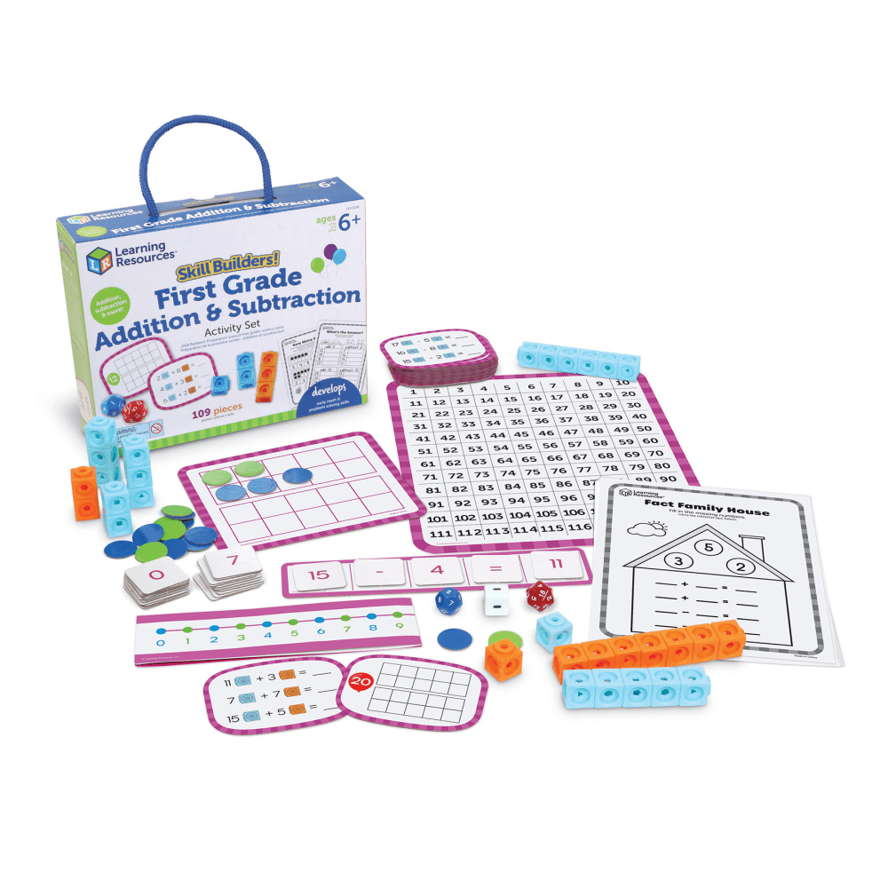 Help your child build essential math skills with the Skill Builders! 1st Grade Addition & Subtraction set. Through fun and interactive activities, kids learn key concepts such as addition, subtraction, and problem-solving, all while engaging in hands-on play. The built-in carrying case makes it easy to take the learning on the go.  Build essential addition and subtraction skills for elementary school success  Activities include fact families, equations, and more math challenges  Features fun learning games using MathLink Cubes and ten frames  Comes with a reusable carrying case for easy storage and portability  Designed for children as young as 6 to help build early math skills  Perfect gift for learning and play during holidays, birthdays, or anytime  Reinforces early problem-solving skills in a fun, interactive way