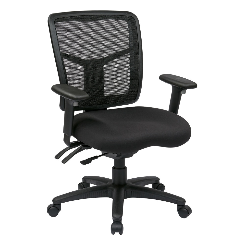 Upgrade your office seating with this modern desk chair from Office Star. The built-in lumbar provides comfortable support to your spine and lower back to help reduce pain and fatigue. Utilize seat height, back height and armrest adjustments to customize your seat.  Recommended for performance use 6-8 hours per day.  Weight capacity tested to support 275 lb.  Overall Dimensions: 39inH x 26-1/2inW x 25-1/4inD.  Mid-back office chair.  Saddle seat with foam padding.  ProGrid mesh upholstery.  Lumbar support.  Waterfall seat.  1-touch pneumatic height adjustment.  Ratchet back height adjustments.  Mesh-back office chair with height- and width-adjustable armrests.  360 deg. swivel.  Modern desk chair has rolling wheels.  Assembly required.  Backed by the manufacturers 1-year limited warranty.