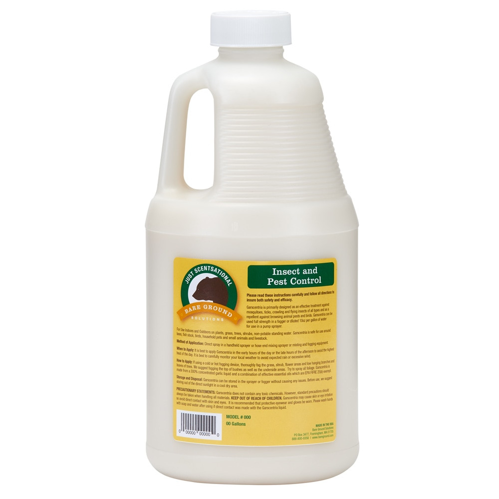 Keep mosquitos, ticks and other insects at bay this summer with Bare Ground Pest Control Garscentria. Utilize the powerful liquid garlic and essential oils formula as a spray or a fogger to cover your whole yard.  Designed to repel mosquitos, ticks, crawling and flying insects.  Unique blend of concentrated liquid garlic and essential oils.  Can be sprayed or fogged.  Safe for use around pets.  Includes 1 propane fogger (propane tank not included) and a 1-quart bottle of Garscentria liquid. Mix 10 oz per gallon for spraying and use full-strength for fogging.  Eco-conscious choice - has one or more meaningful eco-attributes or eco-labels.