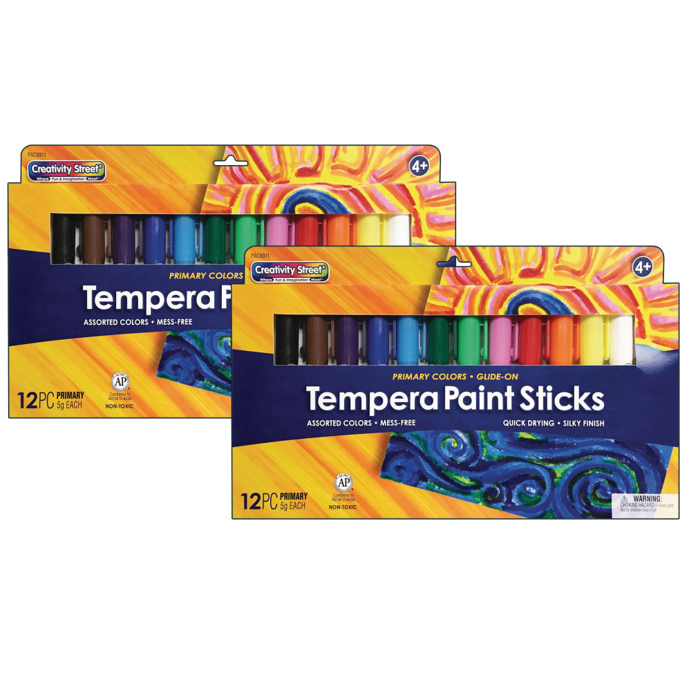 The Creativity Street Glide-On Tempera Paint Sticks are great for arts and crafts and projects. These tempera paint sticks glide easily on many surfaces. They have wide barrels that are easy for small hands to control.  Tempera paint sticks are fun and easy to use to create artwork.  Paint sticks do not bleed through, wrinkle or tear paper.  Paint glides easily on surfaces such as paper, chipboard, plastic and more.  Wide barrels are easy for little hands to control.  Twist the bottom of the barrel to push up more paint.  Paint directly onto a surface or use with a paint brush and water.  Colors include red, pink, orange, yellow, dark green, light green, dark blue, light blue, purple, white, brown and black.