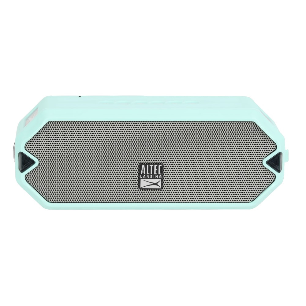 Add dynamic sound to any event when you bust out the Altec Lansing HydraJolt Bluetooth Speaker. Choose from 11 LED light modes to create a light show that pulses along with the music.  Connects to your phone or tablet via Bluetooth wireless technology up to 100' away.  Connect 2 compatible speakers together for booming audio.  Antimicrobial protection kills up to 99.9% of germs.  11 LED light modes strobe and pulse to the music.  USB-C and Qi wireless charge compatible.  IP67 rating to resist the elements.  Up to 16 hours of playtime.  Included carabiner clip for transport.