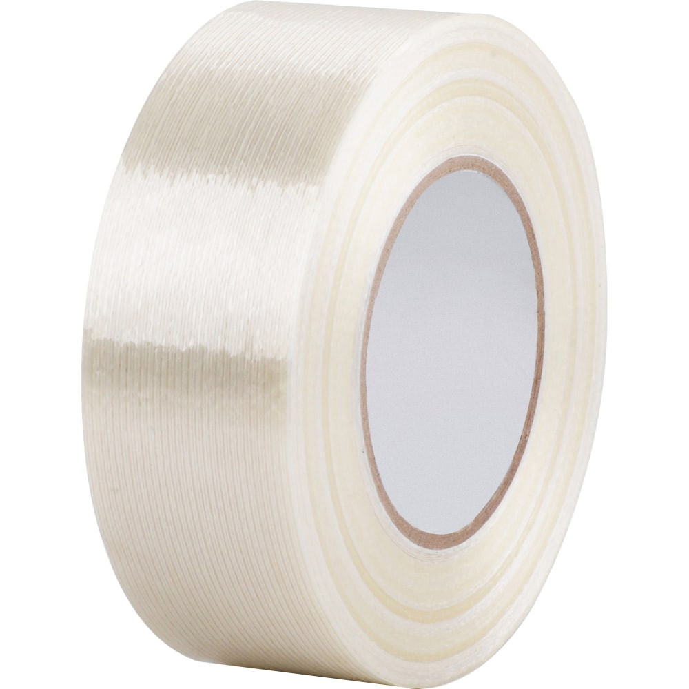 Heavy-duty filament tape delivers superior performance. Film backing reinforced with fiberglass filaments provides a full 300 lb. tensile (bursting) strength.  It meets USPS and UPS specifications.  Core measures 3in.