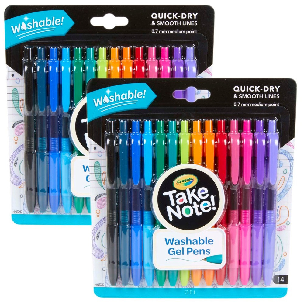 Create vibrant art and notes with Take Note! washable gel pens from Crayola. Each washable gel color lays down smooth and streak-free with a cool click of these ergonomic, cushioned-gripped pens.  Create colorful special effects with the washability you expect from Crayola.  Perfect for taking notes, art projects and organizing documents by color.Each Crayola Color Gel Pen Set includes Berry, Orange, Green, Jade, Light Blue, Indigo, Dark Blue, Lilac, Raspberry, Black, Amethyst Purple, Yellow Green, Marigold, and Red.  Each pack includes 14 washable gel pens in unique, vibrant colors.  Sold as 2 packs for a total of 28 pens.