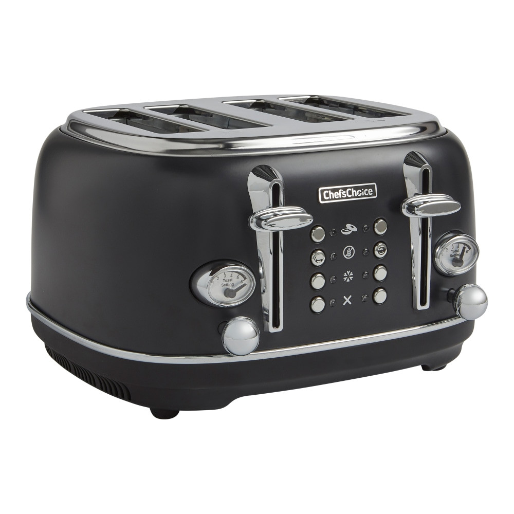 Enjoy your favorite breads, bagels, waffles and more with this Edgecraft Chefs Choice 4-Slice Toaster. With 5 functions, this toaster will let you toast your favorite foods just the way you want them.  Extra wide toast slots fits your favorite breads, bagels, waffles and more.  5 functions let you set the ideal cook time and temperature.  6 shade settings customize lightness/darkness level.  Easy grip toast lift effortlessly raises food.  Onboard cord storage keeps the cord neatly wrapped.  Slip resistant feet for stable operation.  Easy access crumb tray catches crumbs for no-mess clean up.  Use the cancel function to stop the toasting process.  Backed by the manufacturers 1-year limited warranty.