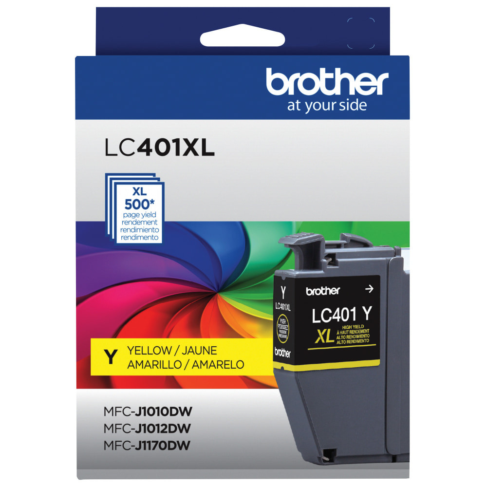Compatible Brother models: MFC : MFC-J1010DW, MFC-J1010DWF, MFC-J1012DW, MFC-J1170DW, MFC-J1800DW.  .  Choose the Brother Genuine LC401XLY High-Yield Yellow Ink Cartridge if you want vivid prints time and again. This ink cartridge offers up to 500 pages and works with several different all-in-one Brother printer models.  Yields up to 500 pages.  For use with Brother compact, affordable inkjet all-in-one printers MFCJ1010DW, MFC-J1012DW and MFC-J1170DW.  Bold yellow helps images pop off of the page.  Helps Avoid Waste - Designed for extended use, helping reduce or eliminate material use and potentially save money.  Recycling solution - designed to encourage recycling, helping you divert materials from landfill.