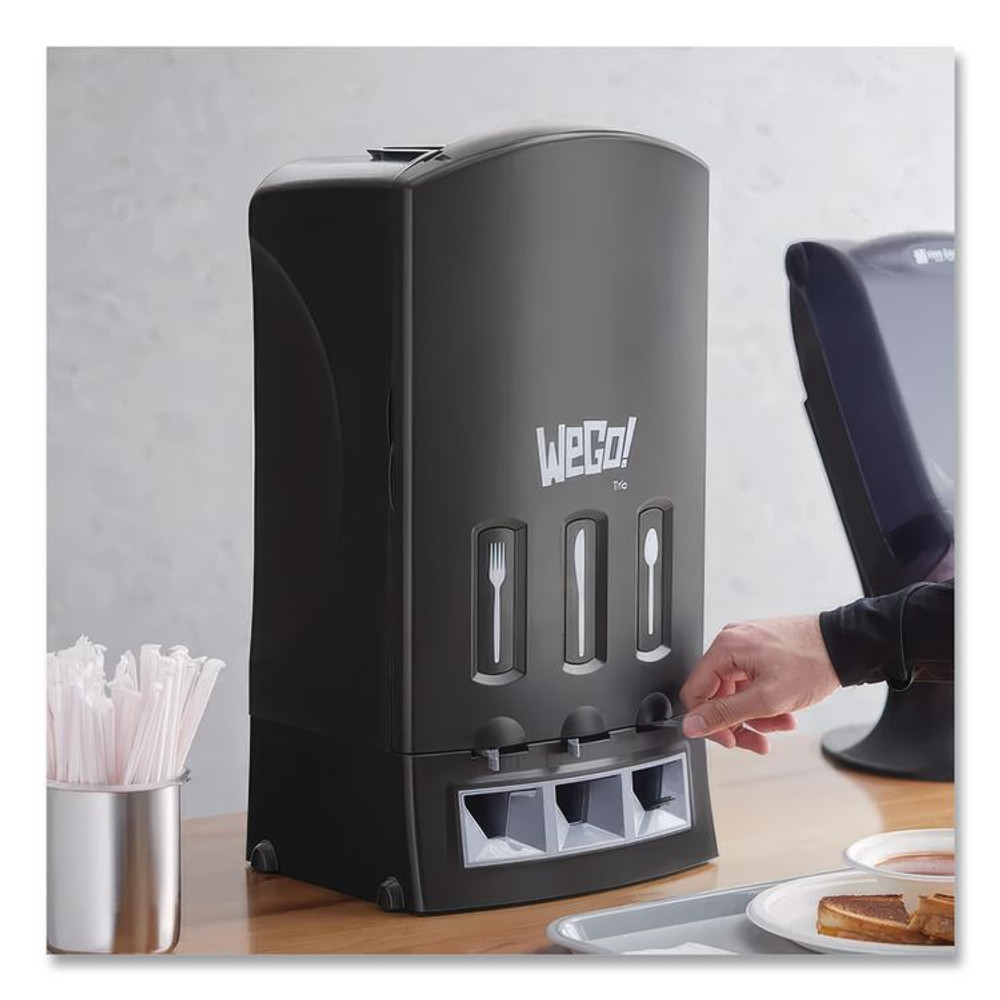 TEAM THREE GROUP WeGo 56102200 Trio Utensil Dispenser, Holds 100 Forks/100 Knives/100 Spoons, 13.39 x 15.75 x 23.62, Black