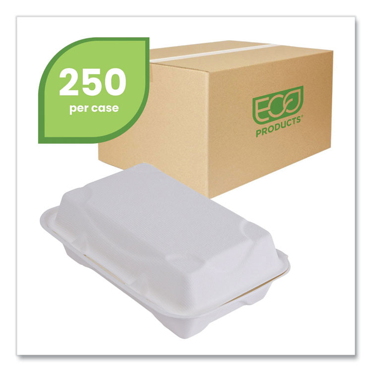 ECO-PRODUCTS,INC. EPHC96NFA Vanguard Renewable and Compostable Sugarcane Clamshells, 9 x 6 x 3, White, 250/Carton
